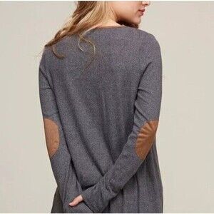 Peach Love Gray Waffle Knit Long Line Shirt S Brown Elbow Patch Soft California